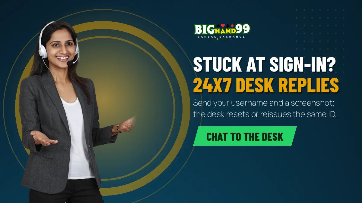 Support agent wearing a headset next to a note that the 24x7 Bighand99 desk answers sign-in problems