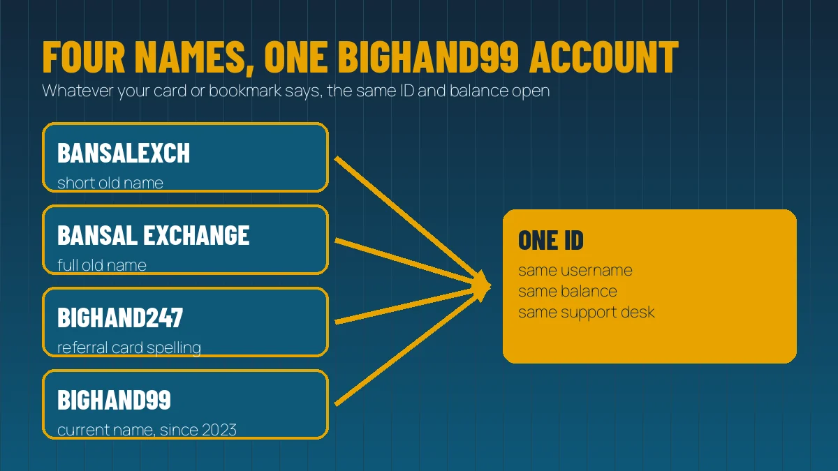 Diagram showing BansalExch, Bansal Exchange, BigHand247 and Bighand99 all leading to one account